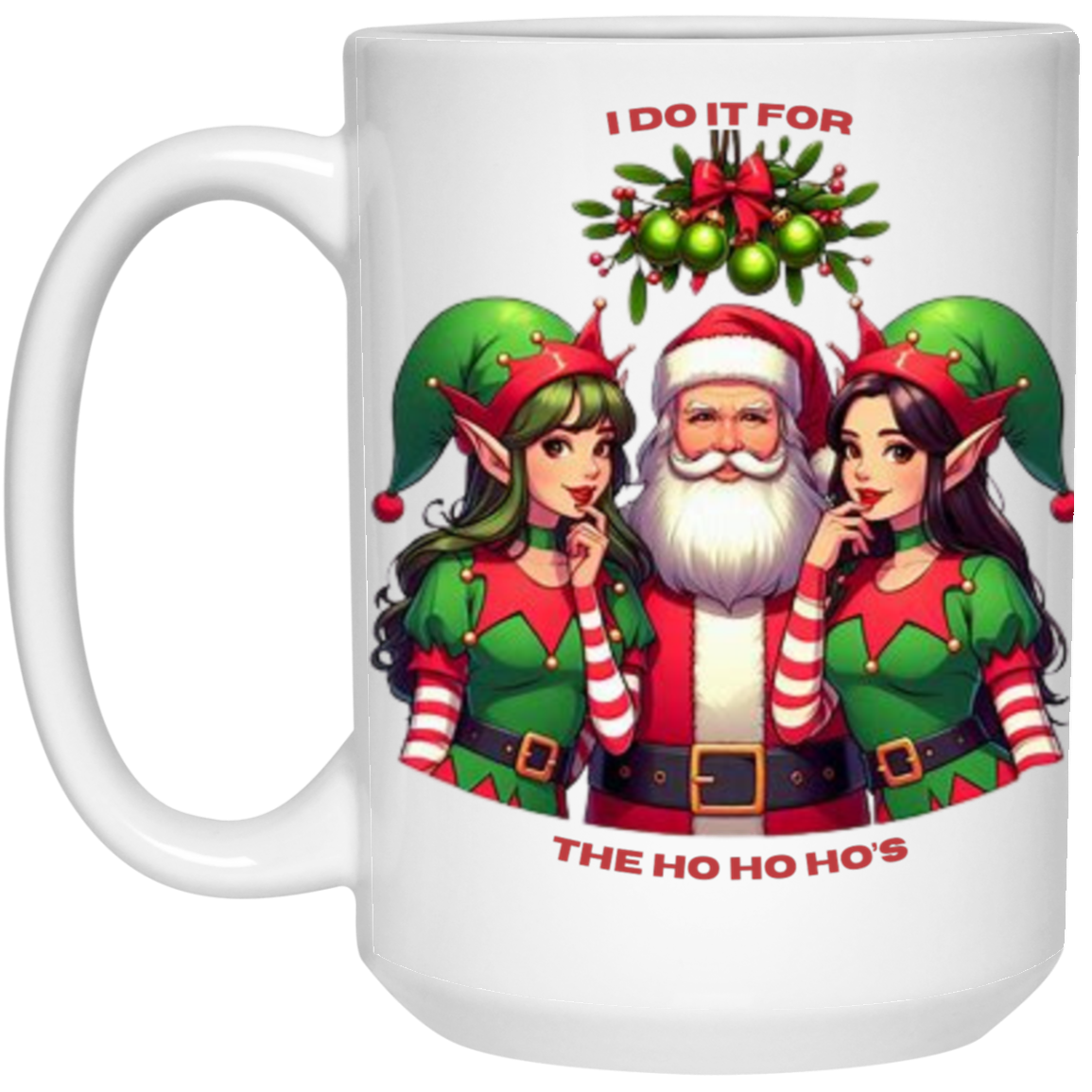 Santa and Two Elves Humorous White Mug (15oz)