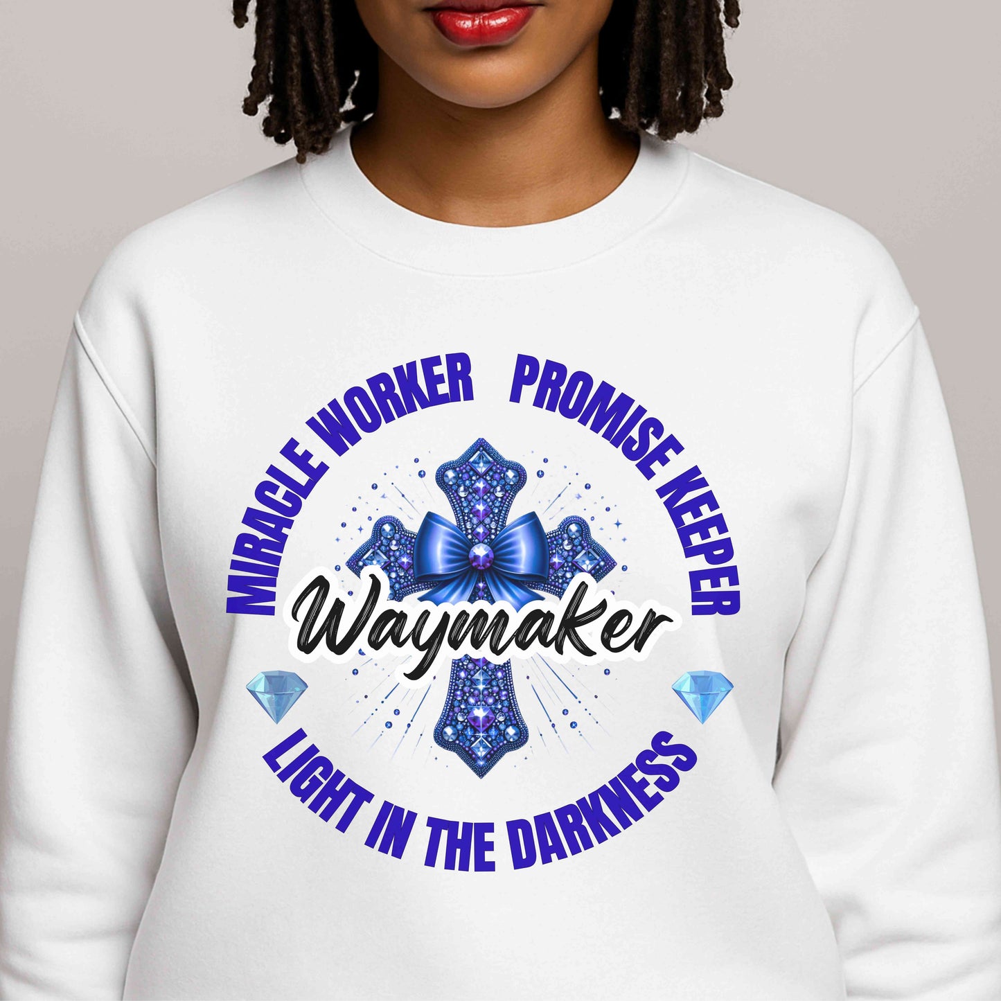 Miracle Worker Christian Pullover Sweatshirt-Blue Cross and Bow Design