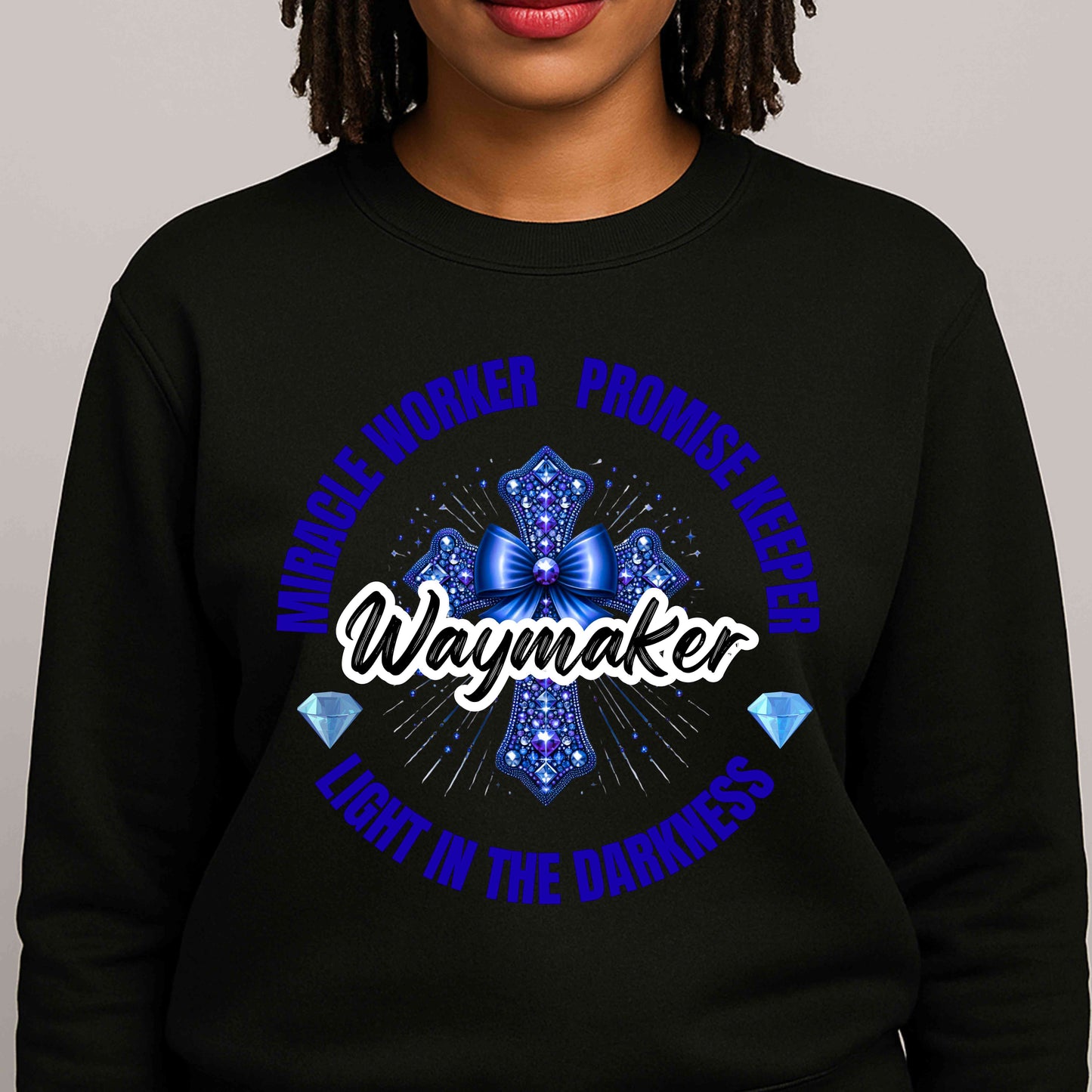 Miracle Worker Christian Pullover Sweatshirt-Blue Cross and Bow Design