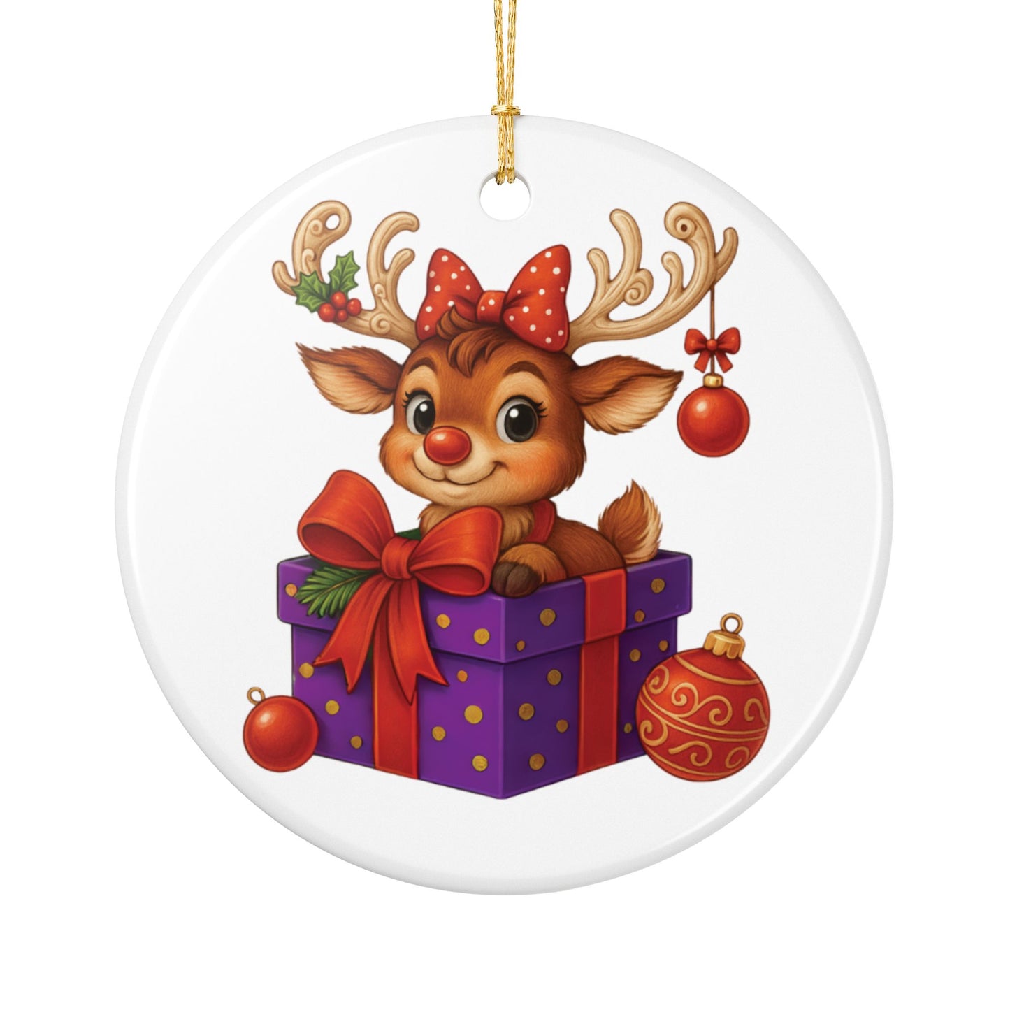 Cute Reindeer Gift Ceramic Ornament — Christmas Tree Decoration (2-Side Print)