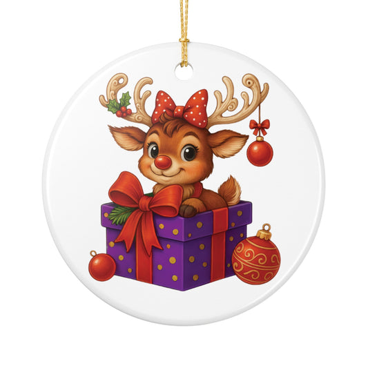 Cute Reindeer Gift Ceramic Ornament — Christmas Tree Decoration (2-Side Print)