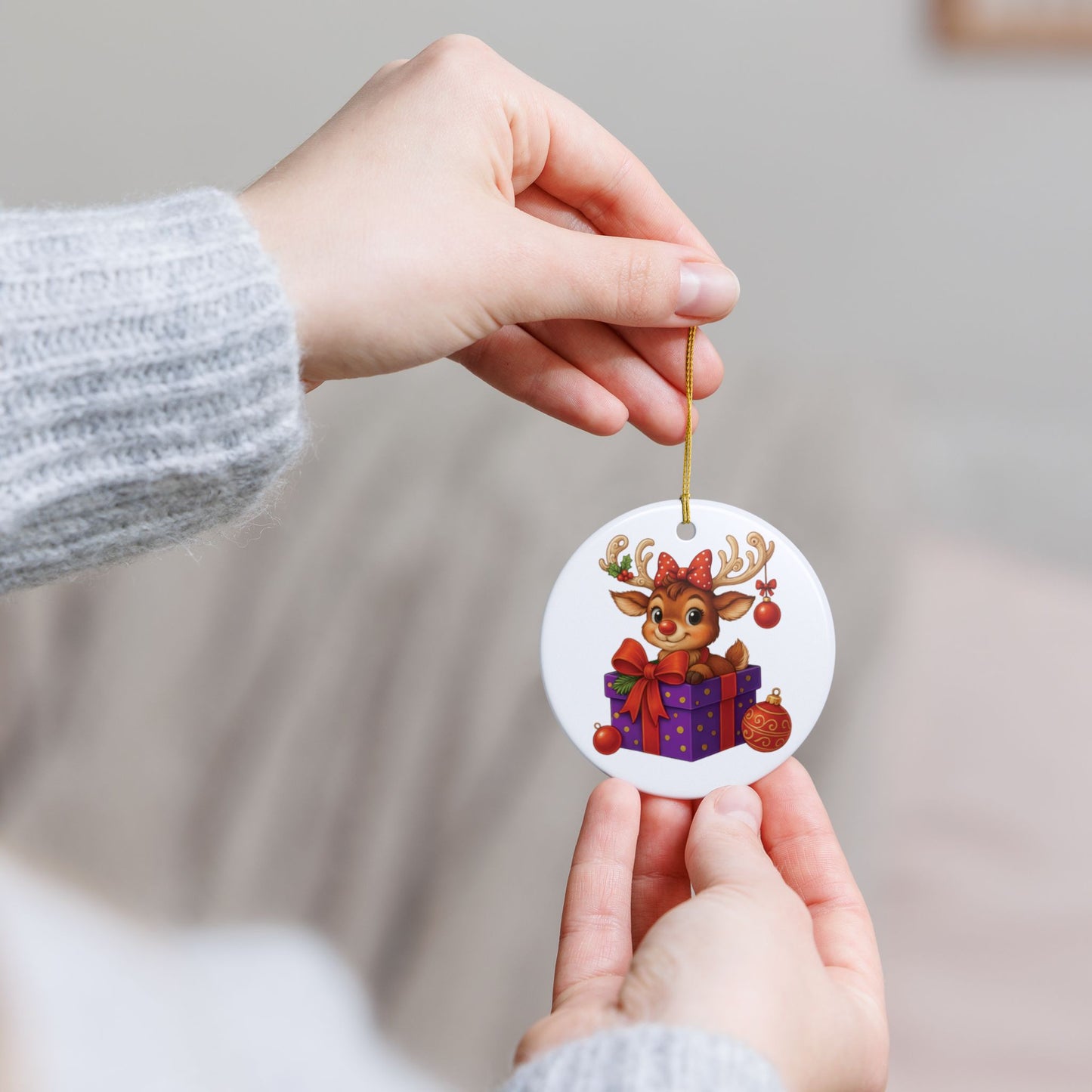 Cute Reindeer Gift Ceramic Ornament — Christmas Tree Decoration (2-Side Print)