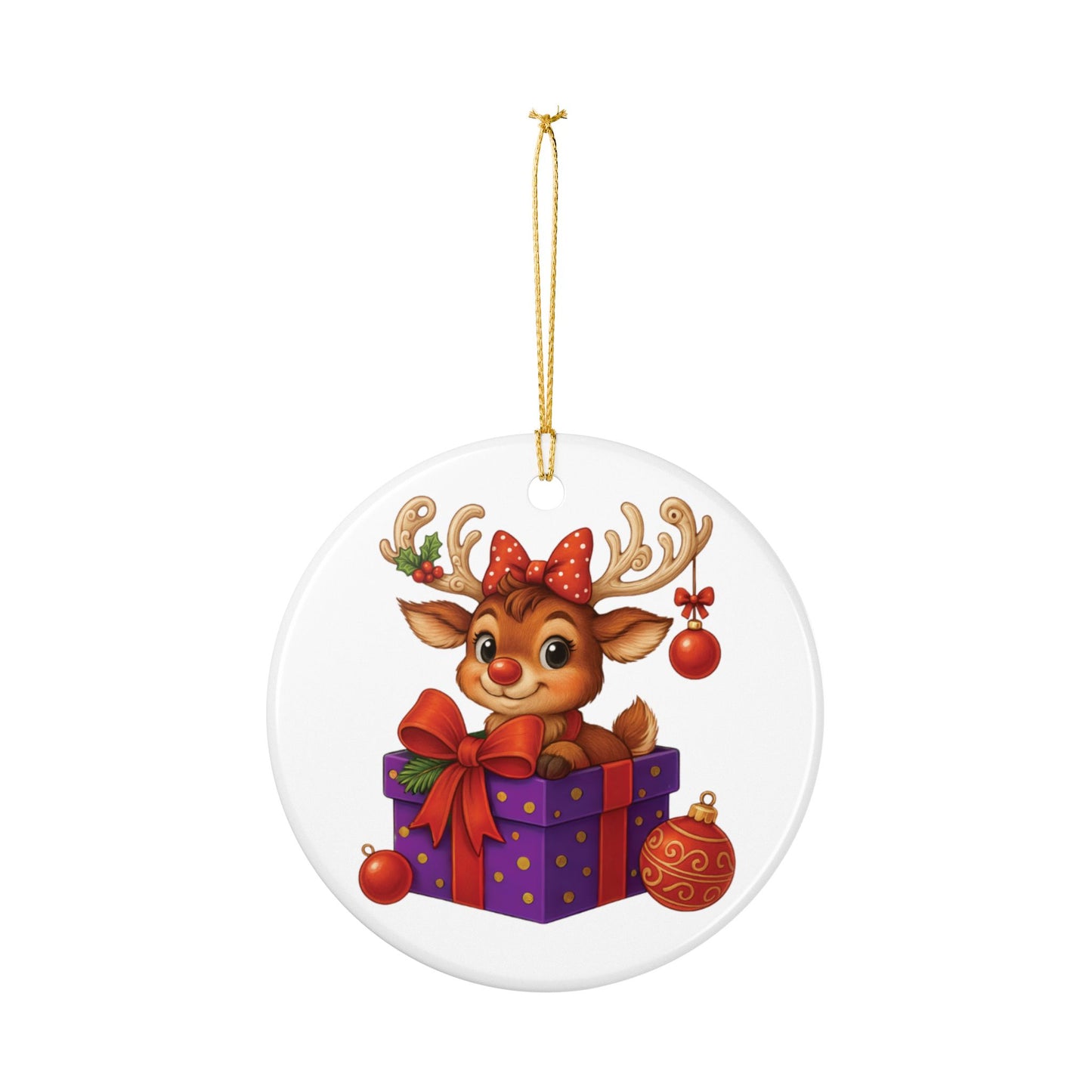 Cute Reindeer Gift Ceramic Ornament — Christmas Tree Decoration (2-Side Print)