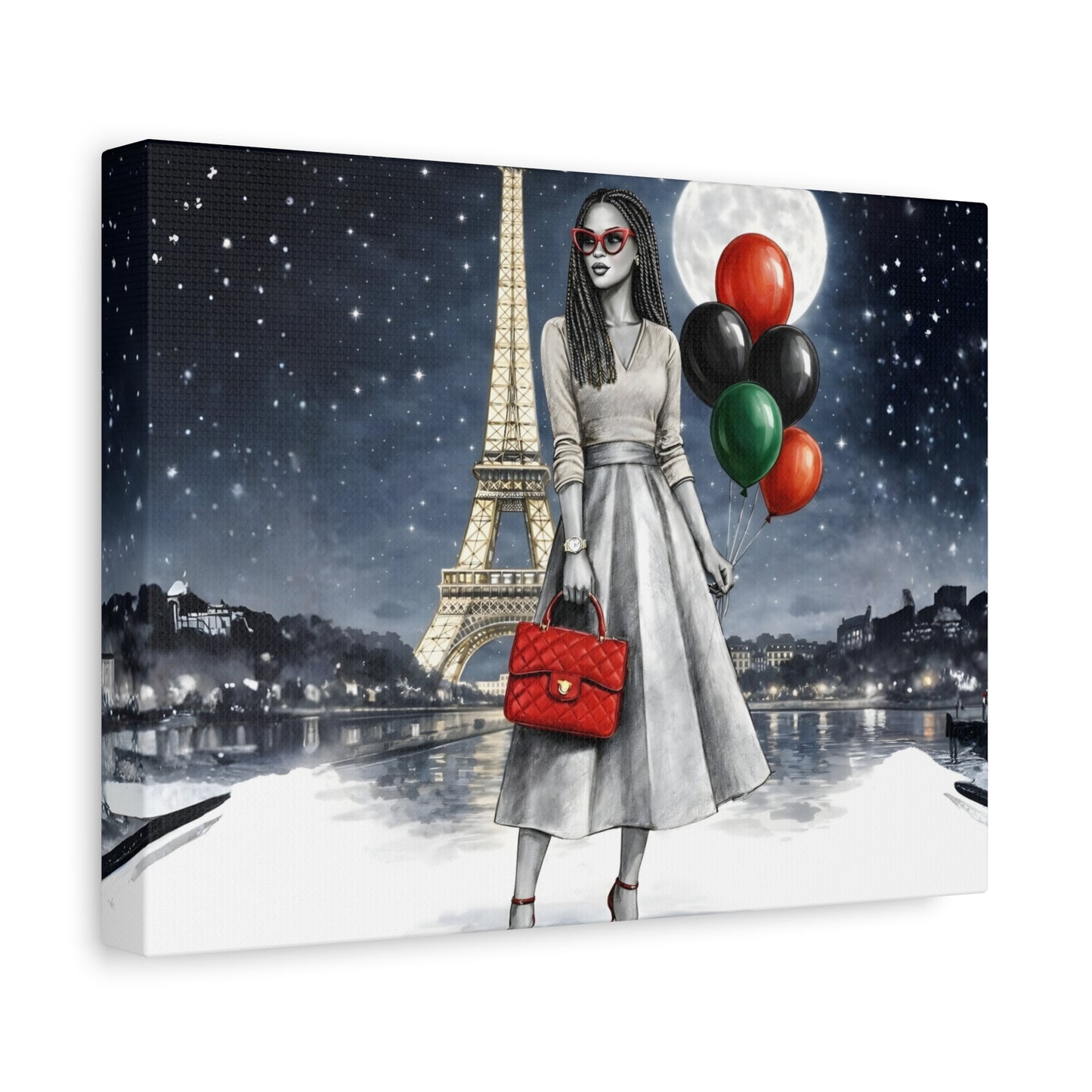 Paris Night Fashion Canvas — Woman with Red Bag & Balloons Matte Stretched Wall Art
