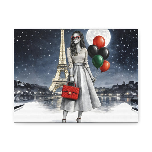 Paris Night Fashion Canvas — Woman with Red Bag & Balloons Matte Stretched Wall Art