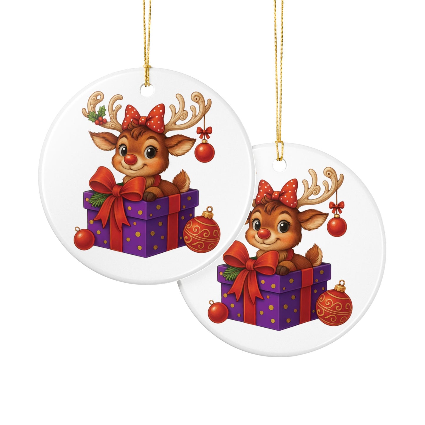 Cute Reindeer Gift Ceramic Ornament — Christmas Tree Decoration (2-Side Print)