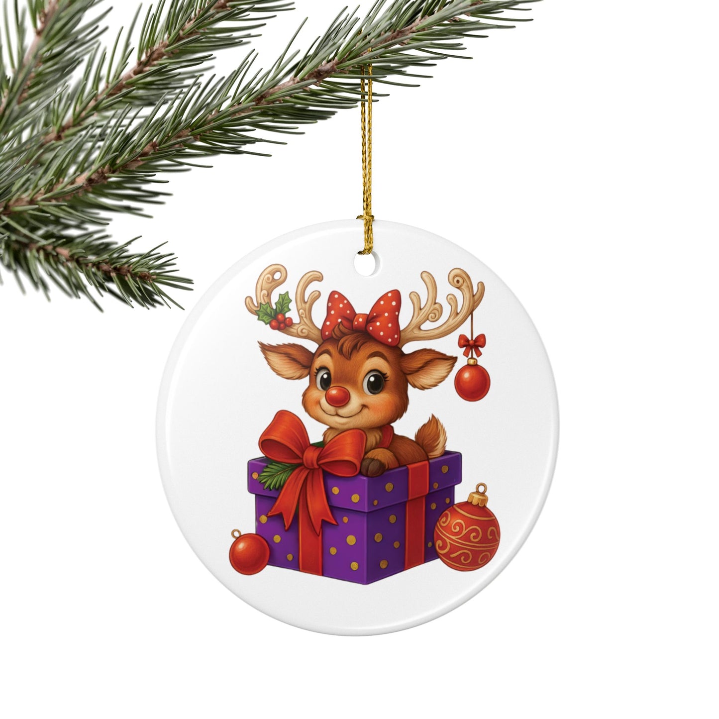 Cute Reindeer Gift Ceramic Ornament — Christmas Tree Decoration (2-Side Print)