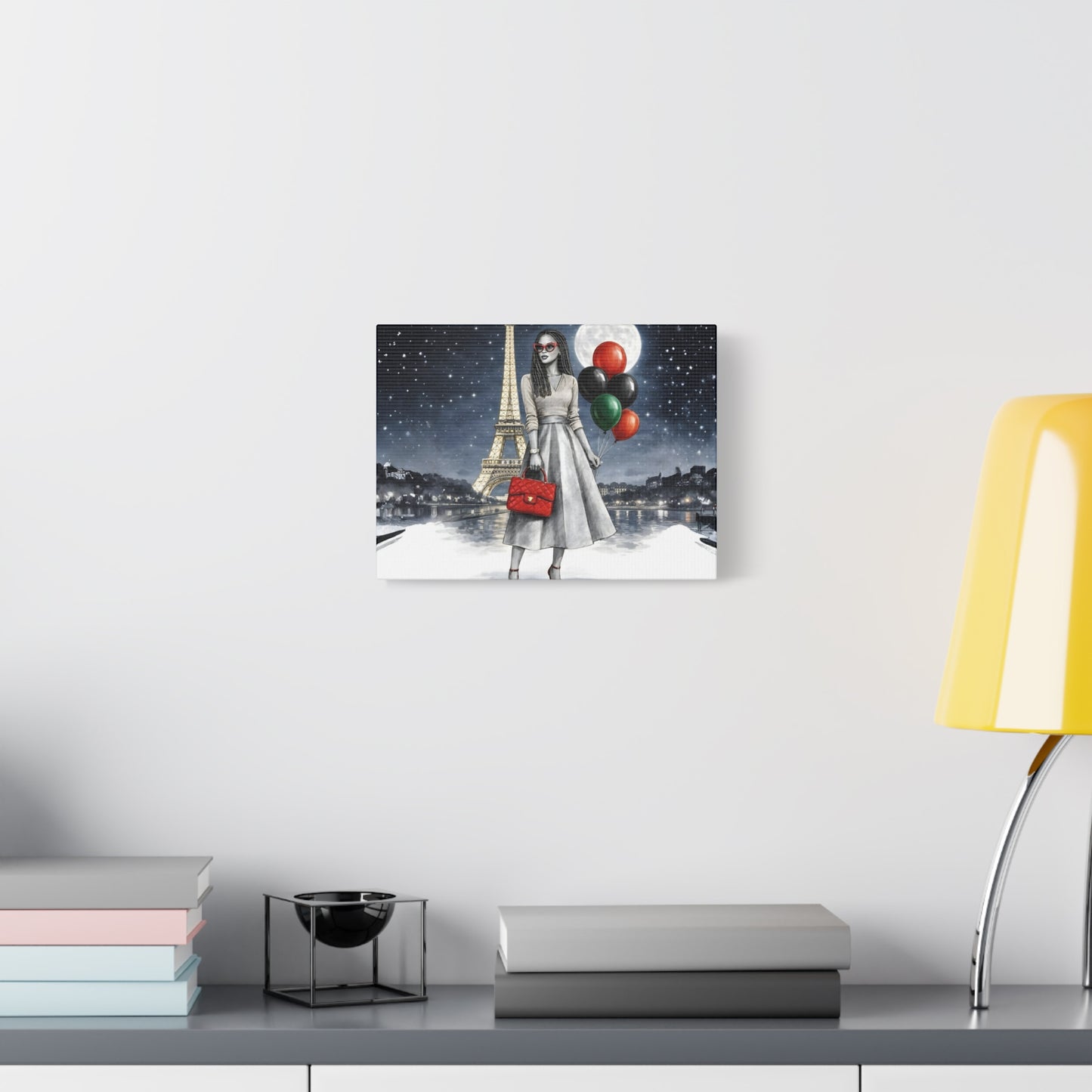 Paris Night Fashion Canvas — Woman with Red Bag & Balloons Matte Stretched Wall Art