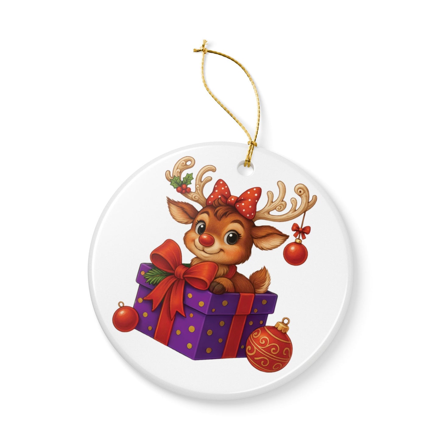 Cute Reindeer Gift Ceramic Ornament — Christmas Tree Decoration (2-Side Print)