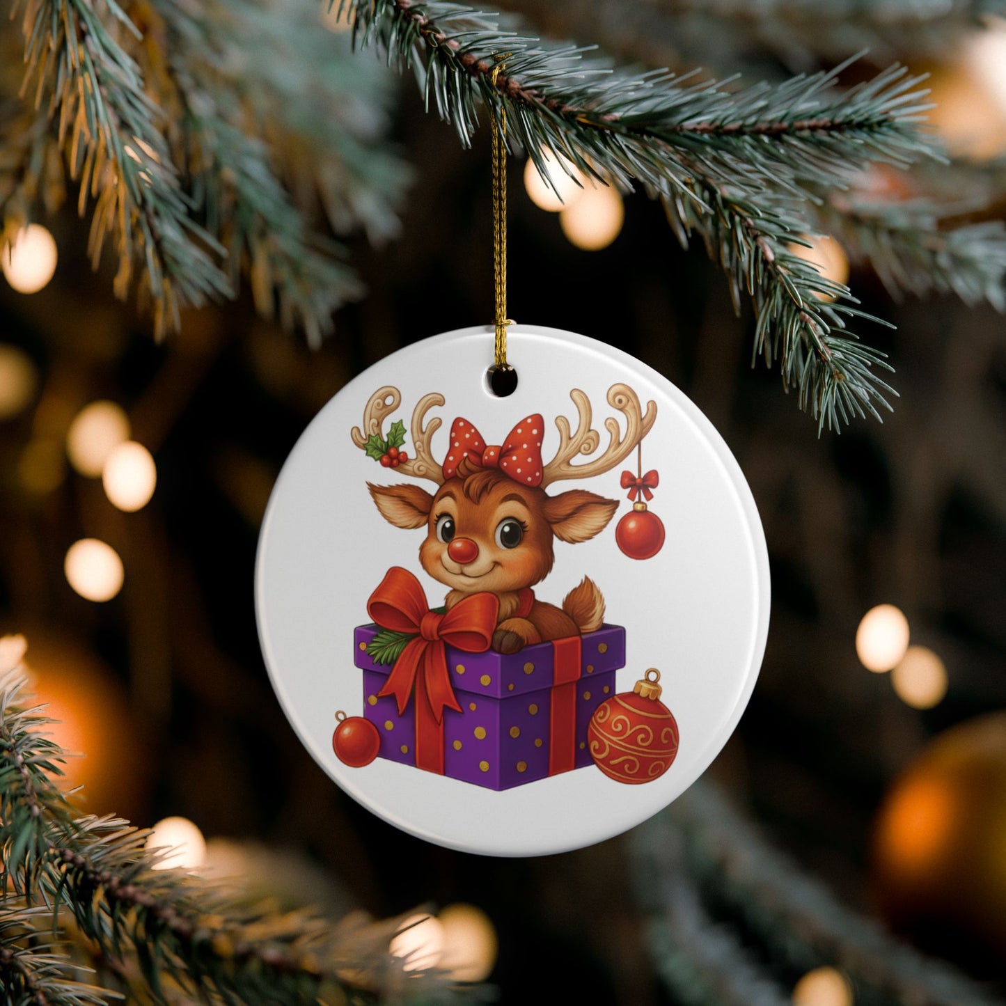Cute Reindeer Gift Ceramic Ornament — Christmas Tree Decoration (2-Side Print)