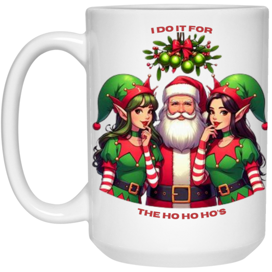 Santa and Two Elves Humorous White Mug (15oz)