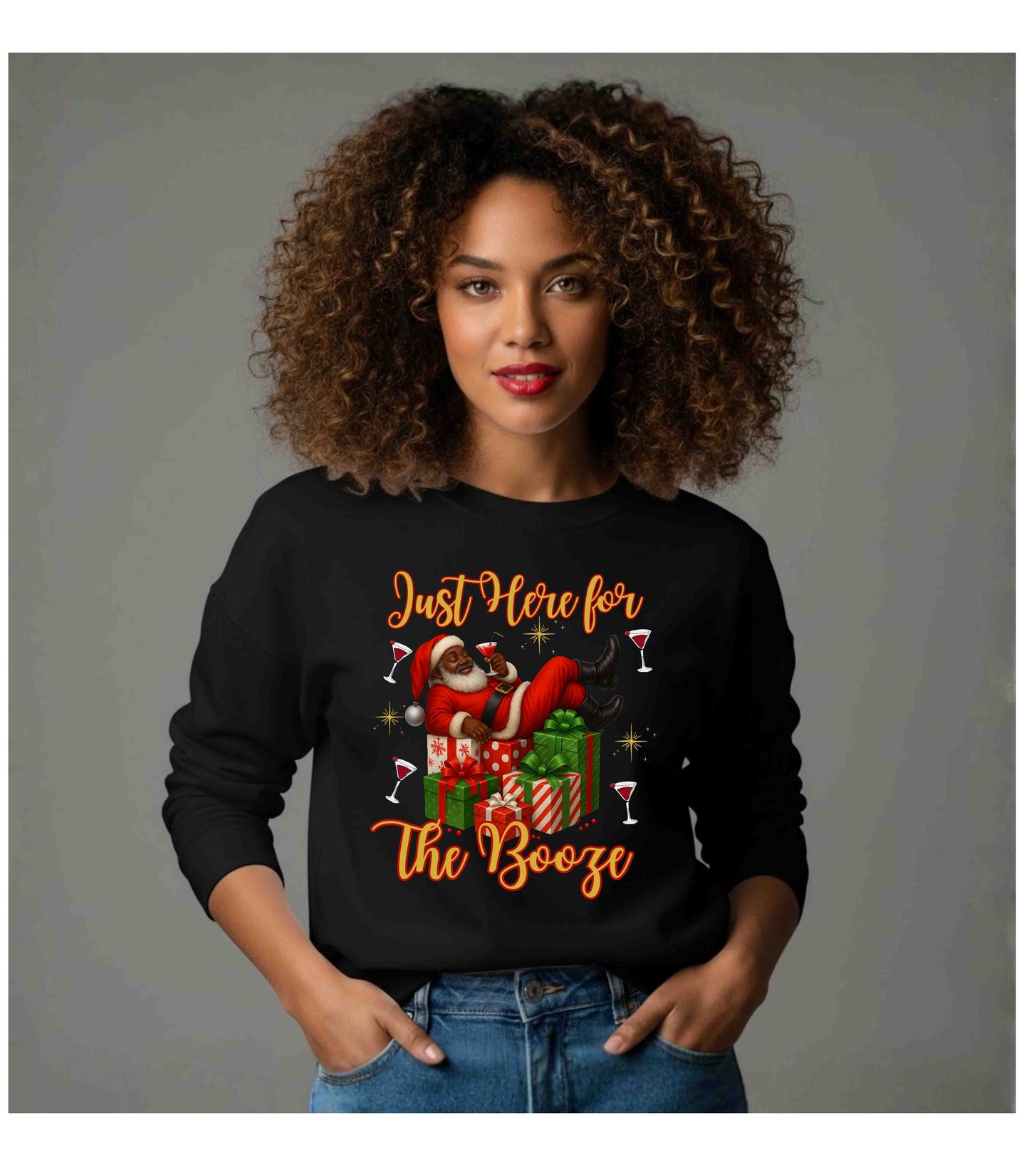 Black Santa “Just Here for the Booze” Christmas Shirt – Funny Holiday Drinking Sweatshirt