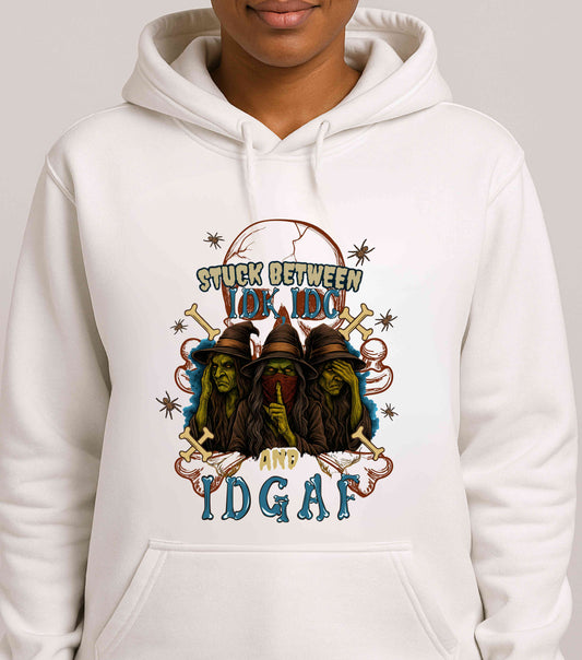 Funny Halloween Witch Shirt – Stuck Between IDK, IDC & IDGAF Graphic Hoodie